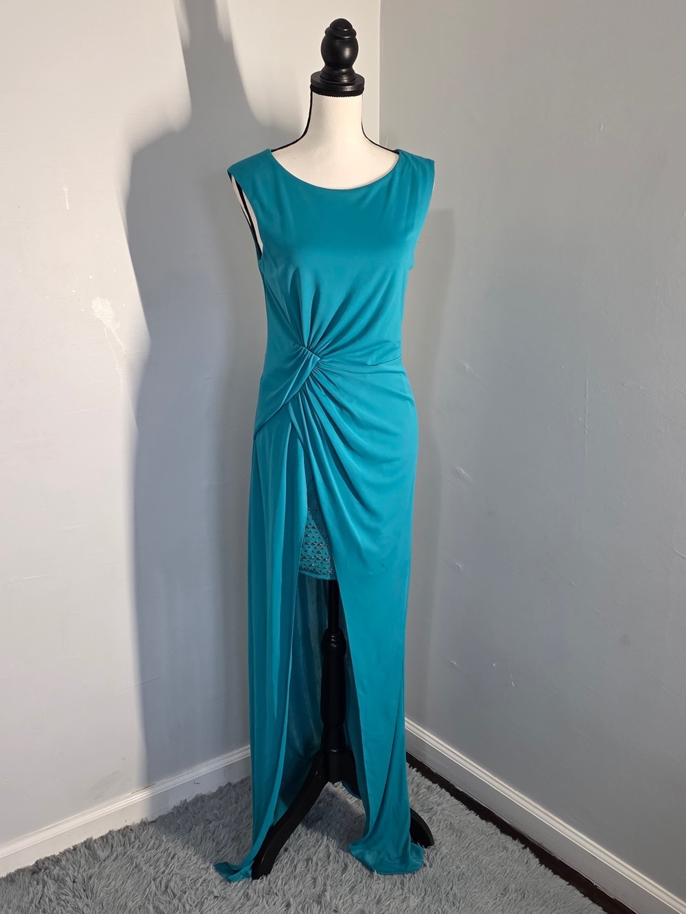 BCBGMaxAzria Teal High-Low Knot-Front Evening Gown